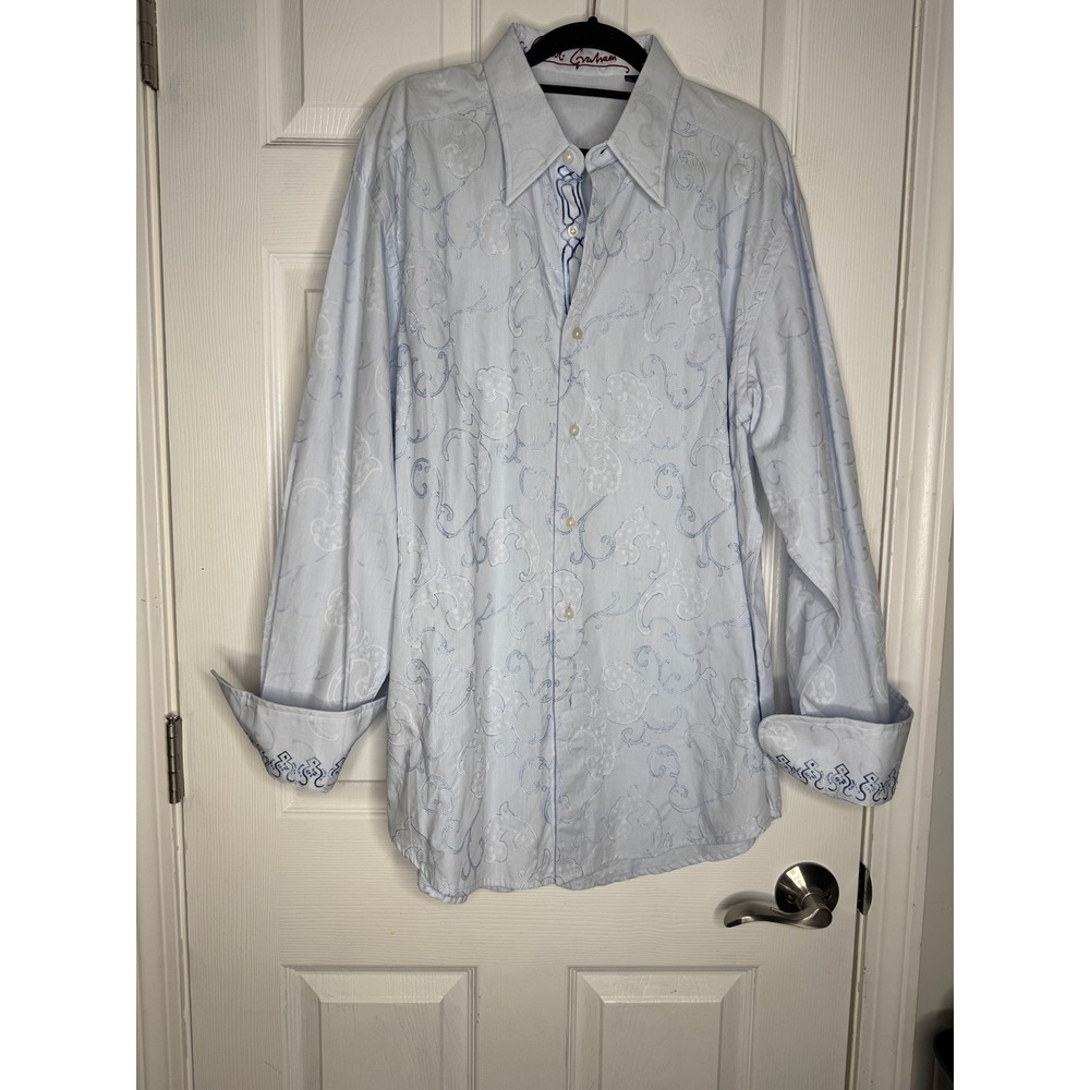 ROBERT GRAHAM Men's Light Blue Paisley Embroidered Long Sleeve Button Down  XL‎